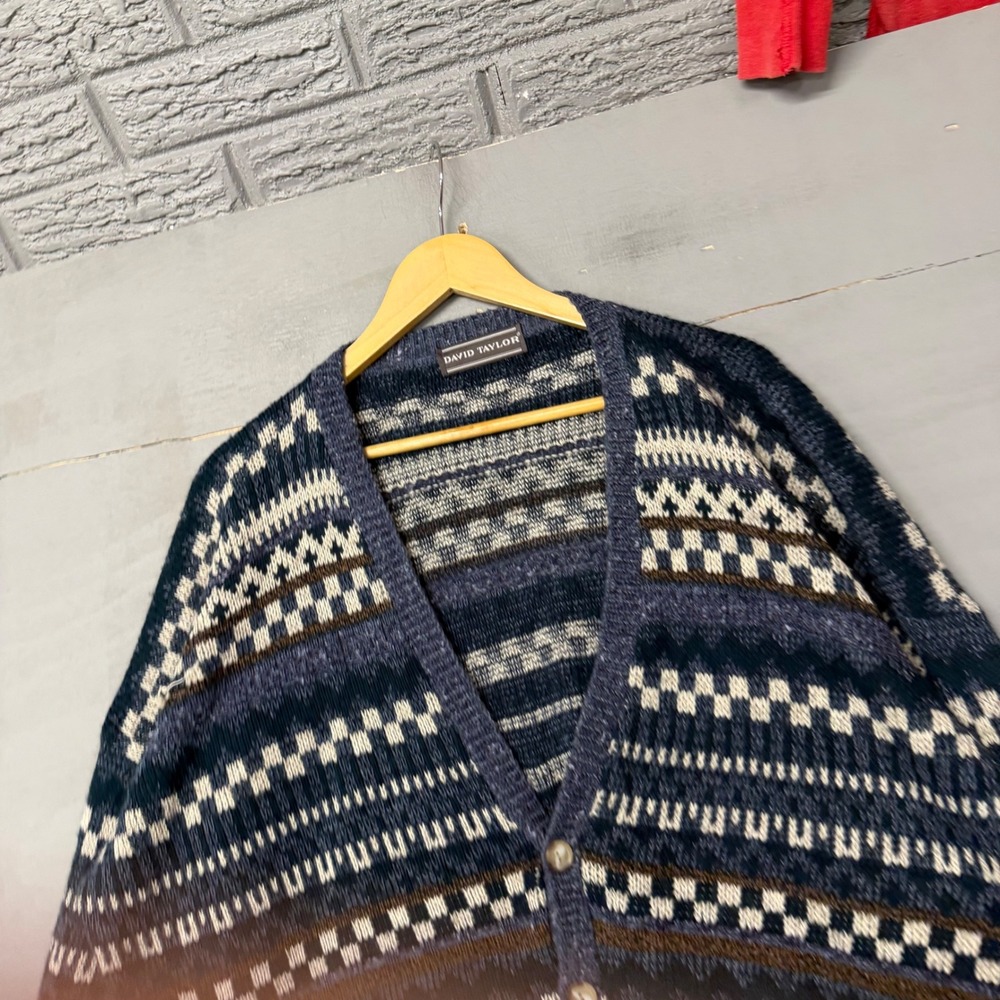 David Taylor Mens Navy Blue Fair Isle Geometric Button Front‎ Cardigan Sweater